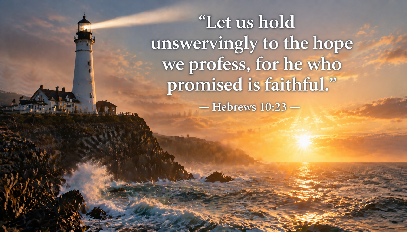 Tall white lighthouse standing strong on rocky coastal cliff at dawn beam cutting through sea mist waves crashing -- Hebrews 10:23 wallpaper